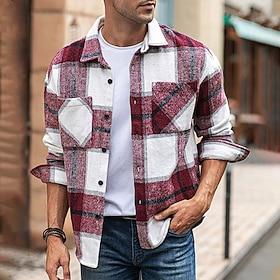 Men's Shirt Flannel Shirt Overshirt Lattice Outdoor Street Red Green Khaki Long Sleeve Turndown Spring   Fall Clothing Apparel