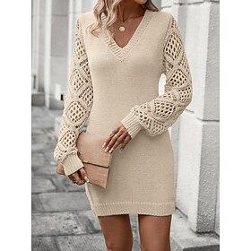 Women's Sweater Dress Elegant Fashion Daily Solid Color V Neck Knitted Long Sleeve Long Tops Knit Work Daily Black Beige Fall Winter