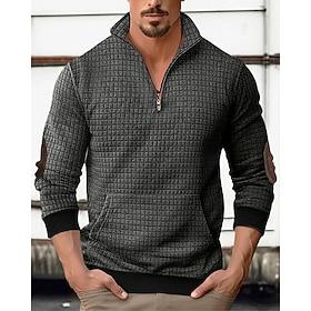 Men's Sweatshirt Waffle Sweatshirt Quarter Zip Sweatshirt Black White Navy Blue Khaki Dark Gray Half Zip Plain Patchwork Ribbed Front Pocket Daily Holiday Goin