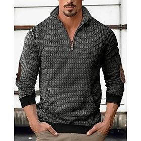 Men's Sweatshirt Waffle Sweatshirt Quarter Zip Sweatshirt Black White Navy Blue Khaki Dark Gray Half Zip Plain Patchwork Ribbed Front Pocket Daily Holiday Goin