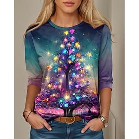 Dames T-shirt Polyester Kerstmis Kerstboom Lange mouw Lange tops Strakke ronde hals Kerstmis Paars Lente, Herfst, Winter, Zomer