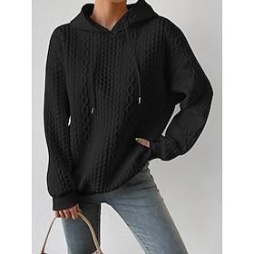 Women's Sweater Pullover Sweater Jumper Casual Soft Pure Color Ribbed Hooded Knitted Long Sleeve Regular Tops Knit Outdoor Daily Weekend Black White Fall Winte