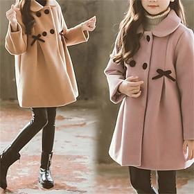 Kids Girls' Woolen Coat Long Sleeve Pink Khaki Solid Color Button Fall Winter Fashion School 3-7 Years