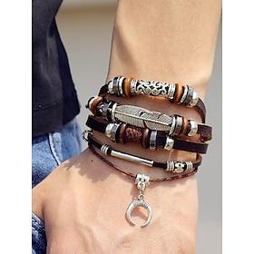 Men's Boho Multi-Layer Leather Bracelet with Feather and Crescent Moon Charm – Vintage-Inspired Adjustable Wrap Bracelet for Casual Style