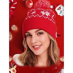 Women's Red Knit Winter Beanie with Snowflake Pattern and Pom-Pom - Warm Christmas Hat for Cold Weather and Festive Occasions