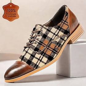 Men's Brown Plaid Oxford Shoes – Premium Cowhide Leather Horsehair Casual Dress Shoes
