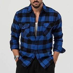 Men's Shirt Flannel Shirt Overshirt Plaid Outdoor Street Yellow Blue Long Sleeve Winter Spring   Fall Clothing Apparel