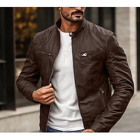 Voor heren Jas van imitatieleer Bikerjack Motorjas Dagelijks Thermisch Warm Regenbestendig Vetoketju Herfst winter Effen Punk Vintage Opstaand Normaal Zwart bl