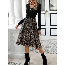 Women's Floral V Neck Midi Dress Long Sleeve Spring Fall