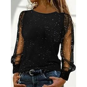 Women's Sequin Sparkly Party Glitter Patchwork Mesh Plain Fashion Modern Casual Long Sleeve Crew Neck Regular Tops Daily Weekend Blue Black Wine Fall Winter
