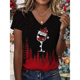 dames kerst t-shirt v-hals vakantie grafisch wijnglas kerstmuts rood zwart casual comfortabel feestelijk seizoen feest kerstmis dennenboom print korte mouw kle