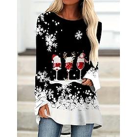 dames vakantie top lange mouw kerst rendier grafisch comfort fit feestelijk winterkleding ronde hals zwart wit rood casual loungewear maten beschikbaar