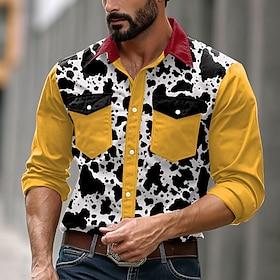 Men's Leopard Print Leopard Spots Button Up Shirt Long Sleeve Casual Daily Winter Spring   Fall Stand Collar Yellow