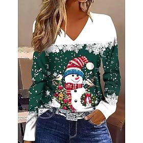 dames kerstvakantie top sneeuwman print v-hals lange mouw casual winter feestelijk groen normale pasvorm comfortabel t-shirt kleding kleding
