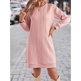 Dames Gebreide jurk Mini-jurk Gedrapeerd Casual Strakke ronde hals Lange mouw Blozend Roze Kleur