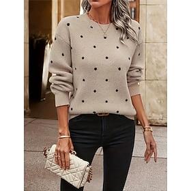 Women's Sweater Pullover Sweater Jumper Casual Soft Polka Dot Ribbed Crew Neck Knitted Long Sleeve Regular Tops Knit Outdoor Daily Weekend Camel Fall Winter