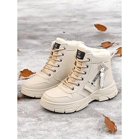 Women's Lace-Up Ankle Boots with Warm Fur Lining – Stylish Beige Winter Boots for Outdoor Cold Weather Comfort