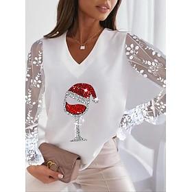dames v-hals blouse mesh bisschopsmouw pailletten wijnglasmotief elegant wit feest casual kantoorkleding lente zomer normale pasvorm maten beschikbaar kleding