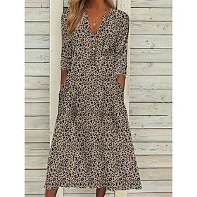 Women's Plus Size Curve Knit Dress Leopard Long Dress Maxi Dress Long Sleeve Button V Neck Classic Office Brown Light Grey Fall XL 2XL 3XL 4XL 5XL