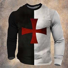 Voor heren Tempelierskruis T-shirt Lange mouw T-shirt 3D-afdrukken Strakke ronde hals Overhemd Dagelijks Ontwerper Vintage Retro Straat Casual Zwart / Wit Zome