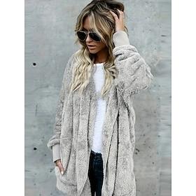 Dame Vinter jakke Sherpa jakke Vindtæt Hold Varm Arbejde Afslappet Lomme Cardigan Hætte Daglig Udendørs Helfarve Løstsiddende Overtøj Langærmet Vinter Blå Abri