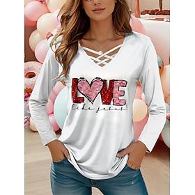 Dame T-shirt Afslappet Udskæring Trykt mønster Langærmet Almindelige toppe V-hals Daglig Hvid Forår Efterår