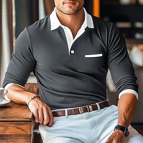 Herre Polo skjorter Golf polo skjorter Forretning Afslappet Knaphul Klassisk Langærmet Mode Basale Helfarve Lomme Efterår Vinter Regulær Mørkegrå Sort Bordeaux