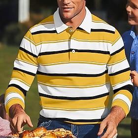 Herre Rugby polo skjorter Golf polo skjorter Afslappet Sport Knaphul Klassisk Langærmet Mode Basale Farveblok Stribe Stribe Efterår Vinter Regulær Gul Rød Lill