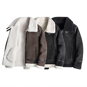 Men's Faux Leather Jacket Fleece Jacket Biker Jacket Motorcycle Jacket Daily Vacation Windproof Warm Pocket Fall Winter Plain Fashion Classic Lapel Regular Bl