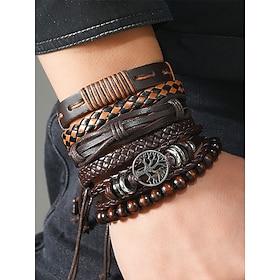 Men's Leather Bracelet Set – Vintage Multilayer Braided Cuff with Beads and Tree of Life Charm for Casual and Bohemian Styles