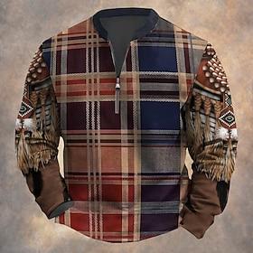 Christmas Men's Lattice Long Sleeve T shirt Print Standing Collar Shirt Fashion Outdoor Casual Daily Holiday Brown Spring Fall Winter Clothing Apparel Normal S