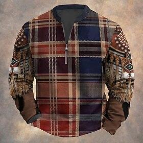 Christmas Men's Lattice Long Sleeve T shirt Print Standing Collar Shirt Fashion Outdoor Casual Daily Holiday Brown Spring Fall Winter Clothing Apparel Normal S