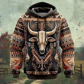 Men's Tribal Hoodies Sweatshirt Outerwear Hooded Sweatshirt Crew Neck Fashion 3D Print Party Holiday Streetwear Brown Drawstring Fall Winter Designer