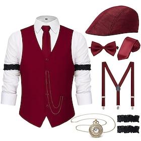 Retro Vintage Roaring 20s 1920s Outfits Waistcoat Accessories Set Gentleman Gangster Fancy Dress Men's Carnival Costume 8 PCS Christmas Halloween Carnival Masq