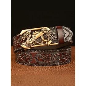 Men's Brown Leather Belt with Embossed Dragon Design and Gold Buckle - Vintage Style, Perfect for Formal and Casual Wear