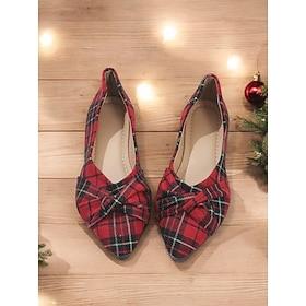 Women's Red Tartan Plaid Ballet Flats – Festive Knotted Design Slip-On Shoes for Christmas and Casual Wear