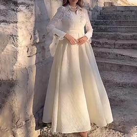 A-linje Kjole til brudens mor Elegant V-hals Gulvlang Polyester Langærmet med Blonde 2024