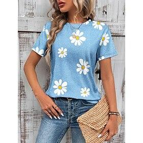 Dame T-shirt Afslappet Trykt mønster Kortærmet Almindelige toppe Daglig Blå Sommer