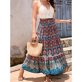 Dame Langt skørt Maxi Nederdele Patchwork Grafisk Ferierejse I-byen-tøj Sommer Polyester Boheme Rød Navyblå Blå