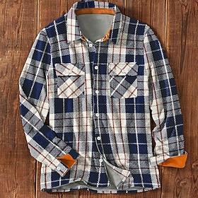 Herre Snefnug Flanell skjorte Skjorte jakke Flanell jakke Langærmet Afslappet udendørs Gade Efterår vinter Aftæpning Knapper Lomme Trykt mønster Blå Brun