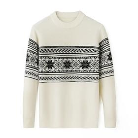 mænds 100% uld fair isle pullover sweater sweater strik rund hals strik elegant jule udendørs tøj tøj efterår vinter sort hvid s m l