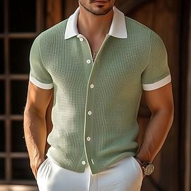 Herre Strik Polo Vaffelstrikket poloshirt Gade Afslappet Knap Klassisk Kortærmet Gamle penge stil Vanlig Knap foran Sommer Forår Efterår Grøn Strik Polo