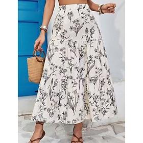 Dame Langt skørt Maxi Nederdele Patchwork Blomstret Grafisk Ferierejse Stævnemøde Sommer Polyester Elegant Hvid