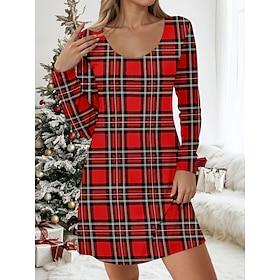 dames polyester ruit print v hals mini jurk lange mouw herfst winter