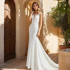 Brudekjoler Havfrue V-hals Kortærmet Hofslæb Strækstof Brudekjoler Med Applikeret broderi 2024