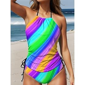 Dame Badetøj Tankini 2 stk badedragt Åben ryg Regnbue Halterhals Ferie Strand Tøj Badedragter