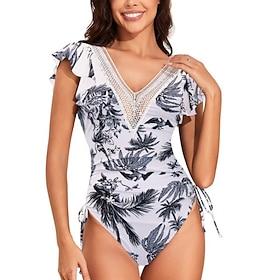 Dame Badetøj Et stykke Monokini badedragt Blonder Drapering Åben ryg Mavekontrol Høj Talje Blomstret V-hals Ferie Strand Tøj Badedragter