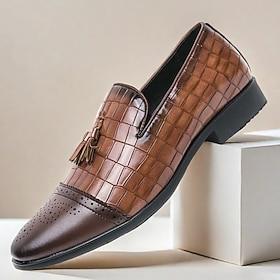 mænds brune, krokodillemønster loafers i imiteret læder med kvastdetalje – stilfulde slip-on dress-sko til festlige lejligheder og kontortøj