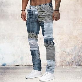 Men's Color Block Patchwork Jeans Dress Pants Mid Waist Business Casual Formal Outdoor Home Zipper Pocket Summer Spring Fall 3D Print Blue
