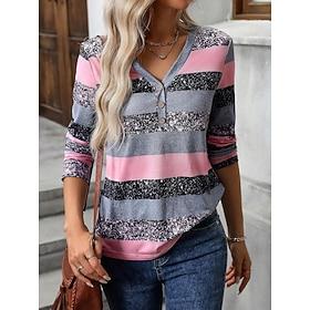 Dame T-shirt Afslappet Trykt mønster Langærmet Almindelige toppe V-hals Ferierejse Daglig Grå Forår  Vinter